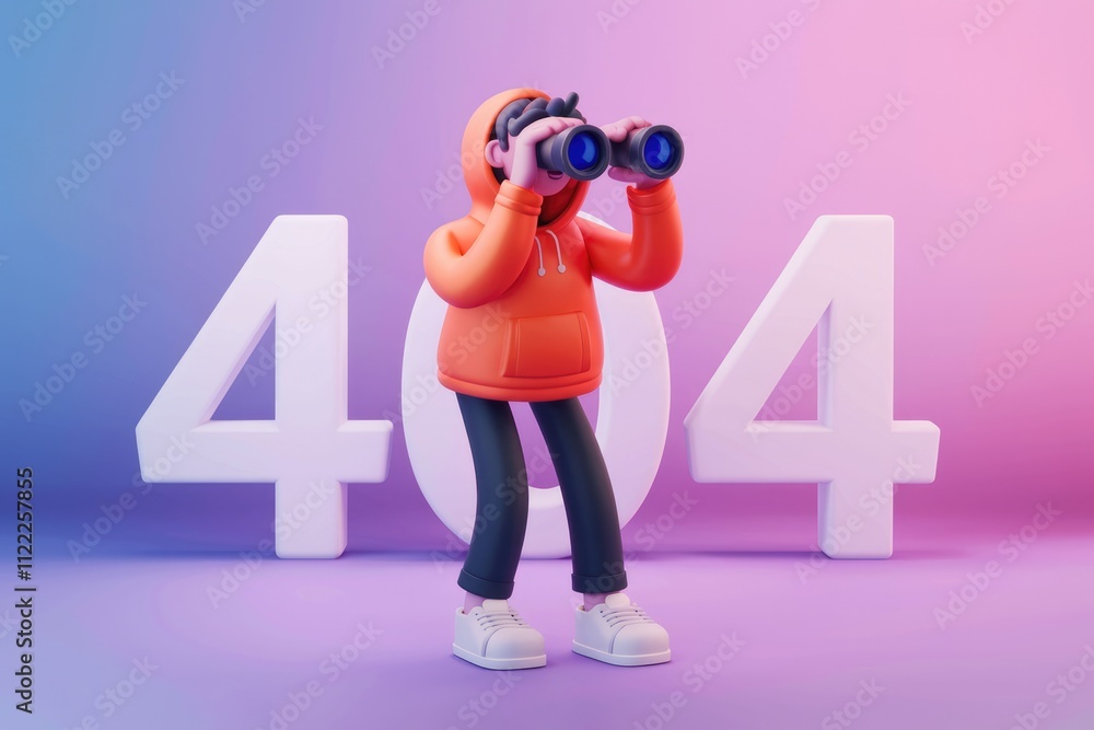 Poster A 3D cartoon character searches for a solution to a 404 error using binoculars.