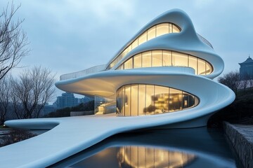 Fototapeta premium Curving white building, lit windows, water reflection.
