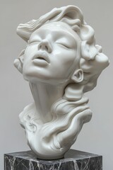 White sculpted head, flowing form, marble base.