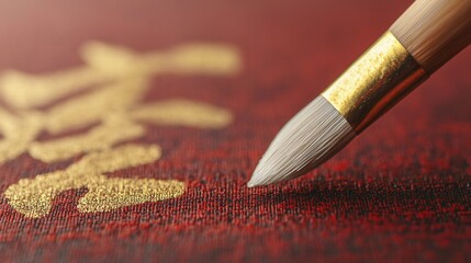 Close up Gold Calligraphy Brushstroke Red Fabric Asian Art