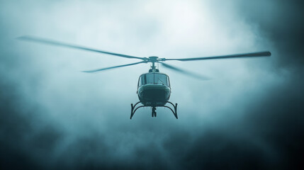 Navigating a helicopter through dense fog in challenging weather conditions