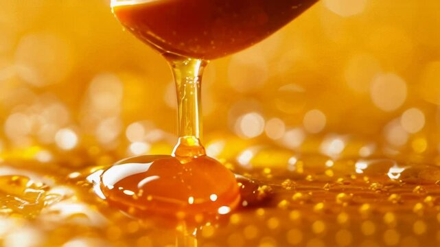 Macro shot showcasing golden honey dripping from a wooden dipper on a warm background, emphasizing sweetness