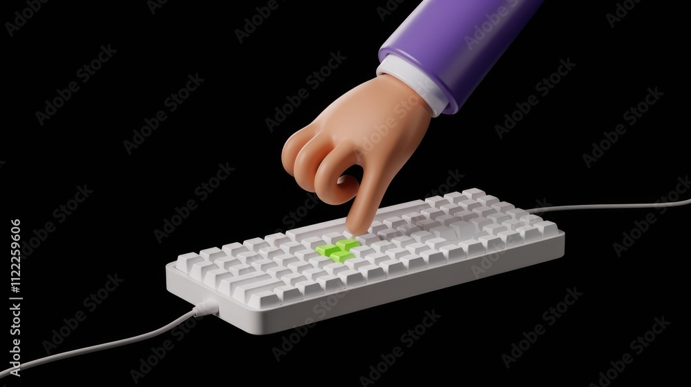 Aufkleber a 3d rendered cartoon hand presses a green key on a white keyboard.