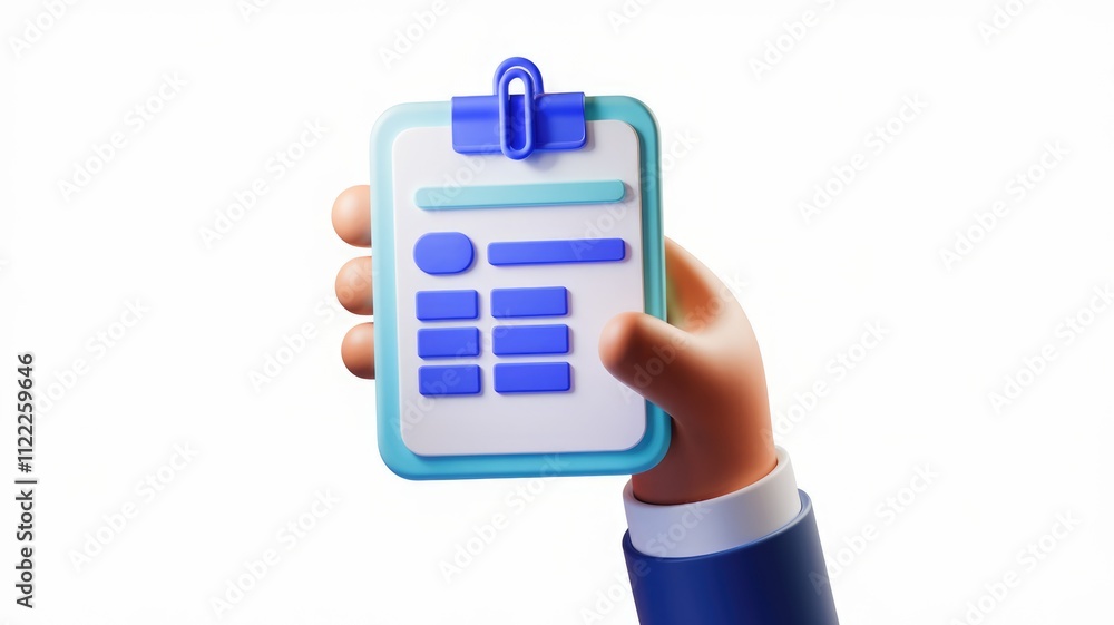 Aufkleber A 3D rendering of a hand holding a digital clipboard with empty form fields for data entry.
