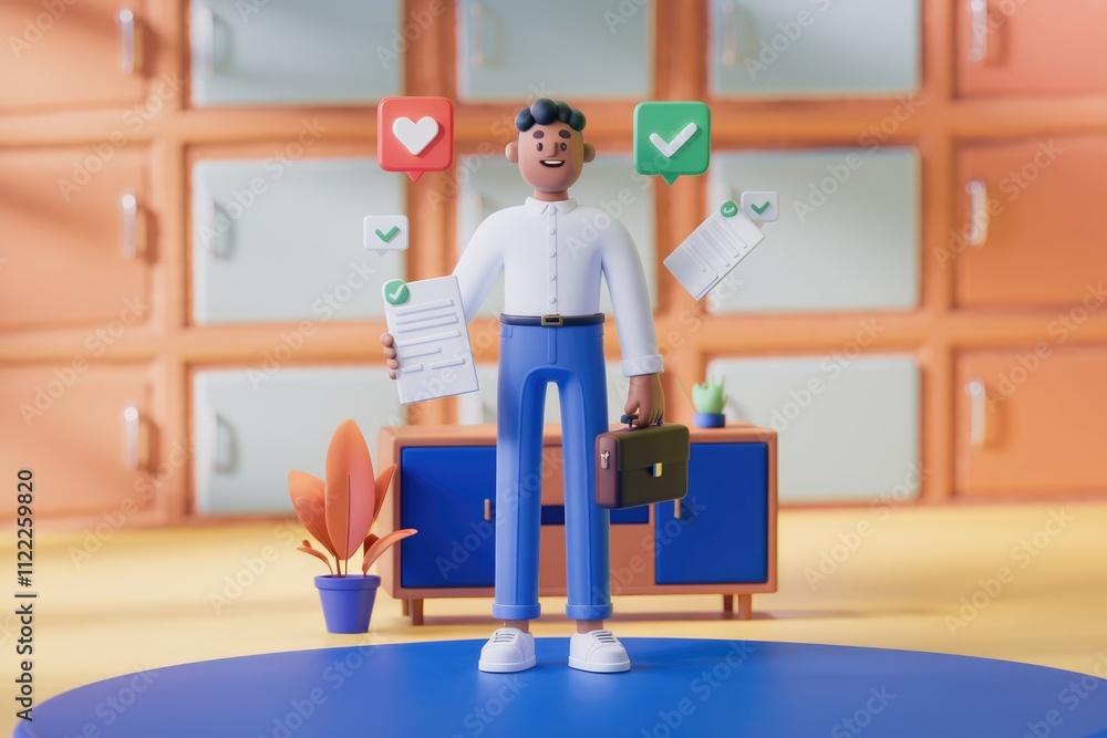 Aufkleber a 3d cartoon man holding documents and briefcase, symbolizing successful task completion and positiv