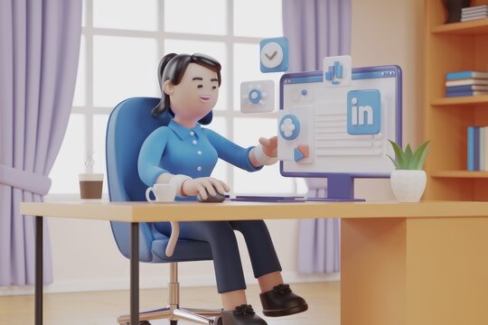 A 3D cartoon woman works on her computer, engaging with LinkedIn and other online tools.