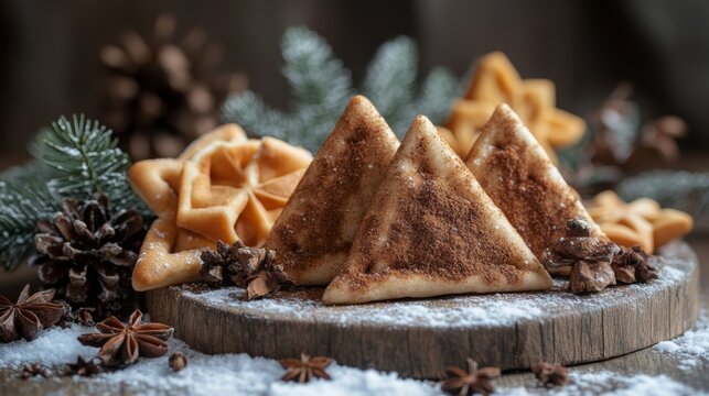 :.Zaatar spices enhance the delightful shape and aroma of these festive pastries, beautifully presented on a rustic wooden board with natural decorations.