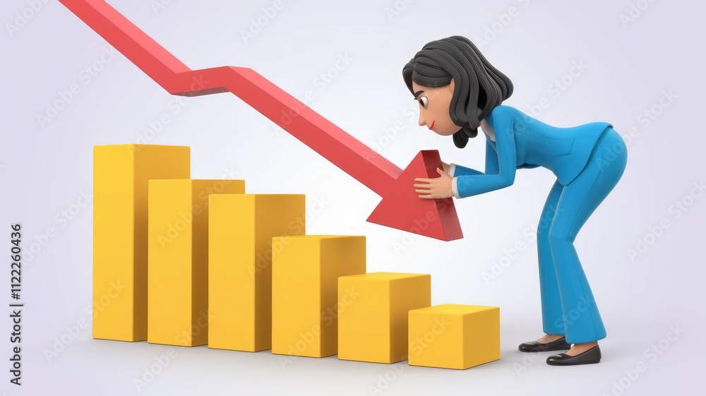 Poster a businesswoman struggles to prevent a sharp decline in a bar graph, symbolizing economic downturn o