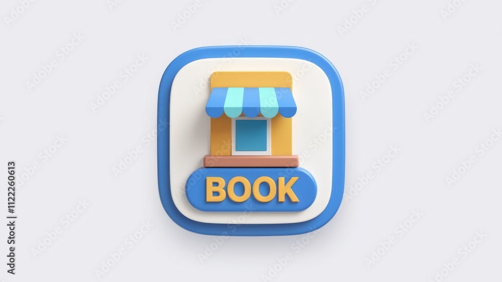 Poster 3d render of a book store icon, inviting users to book.