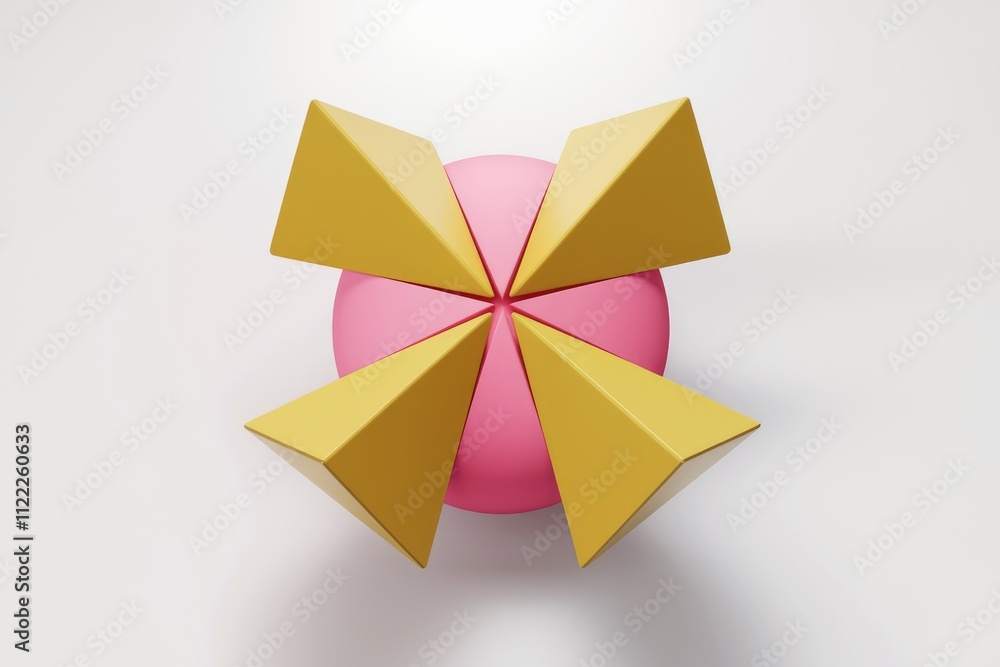 Poster Abstract 3D rendering of a pink sphere with six yellow triangular pyramids arranged around it.