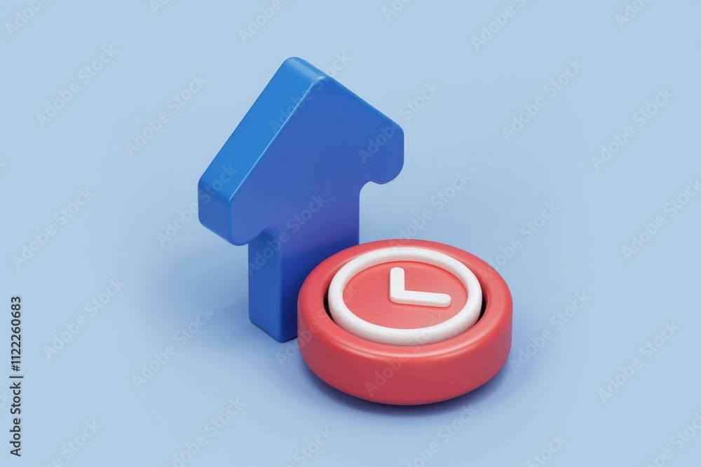 Aufkleber 3D render of blue upward arrow and red clock symbolizing time management and progress.