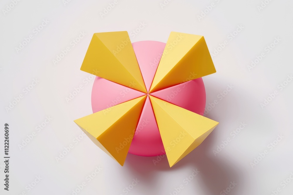 Poster pink sphere surrounded by six yellow triangular pyramids, creating a geometric design.