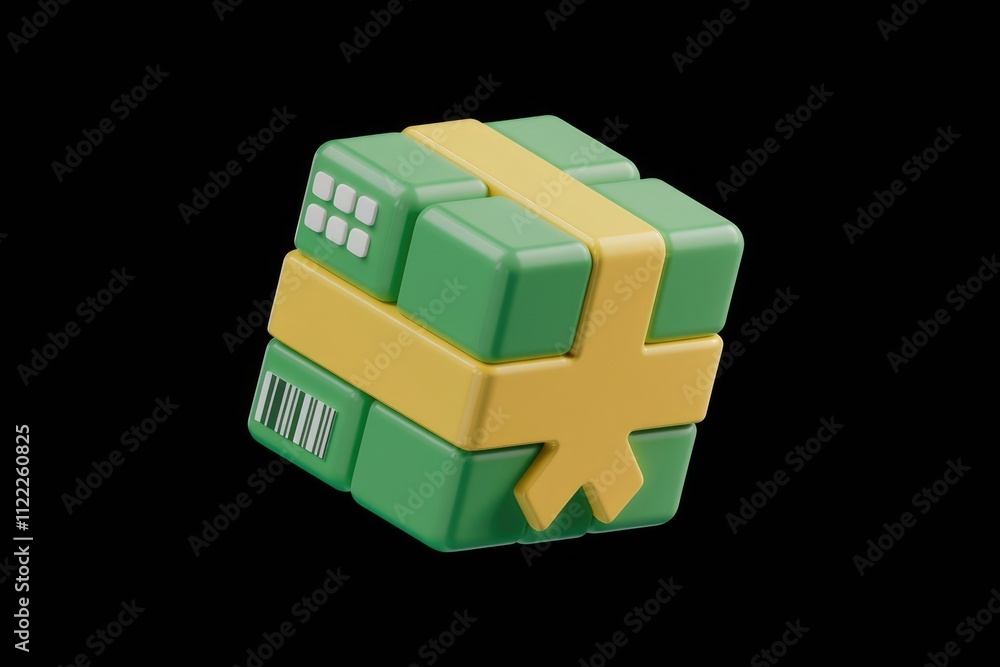 Aufkleber a 3d rendered image of a green gift box with a yellow ribbon, showing a barcode and grid pattern.
