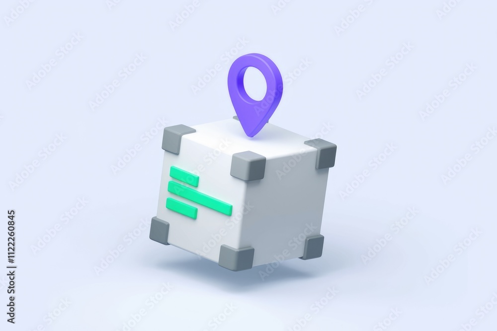 Leinwandbilder 3D rendering of a cube with a location pin on top, symbolizing location-based data or services.