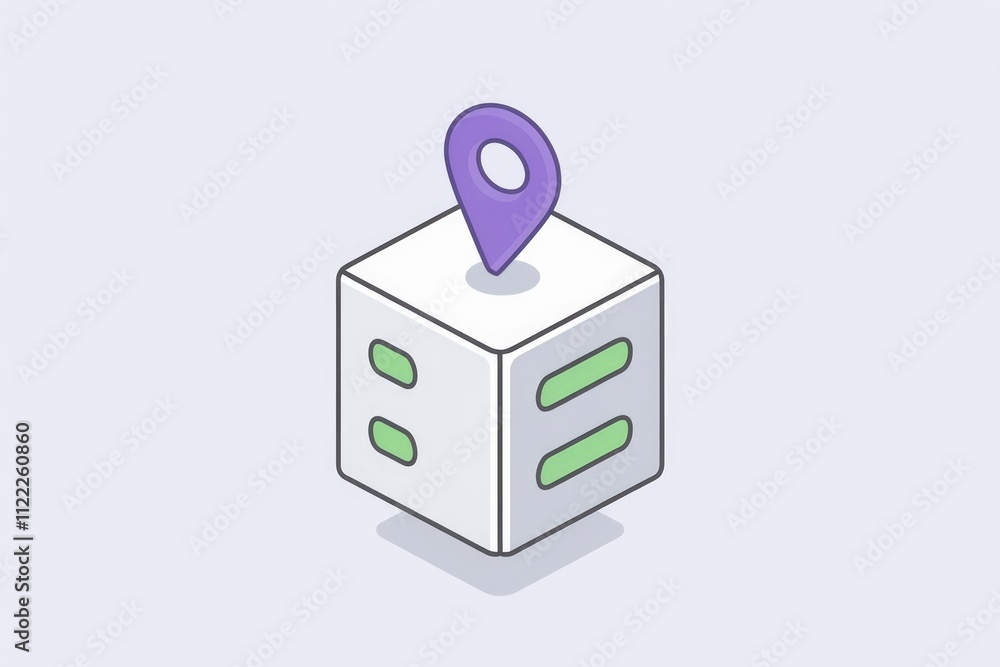 Fototapete Isometric illustration of a cube with a location pin on top, representing location-based data storage.