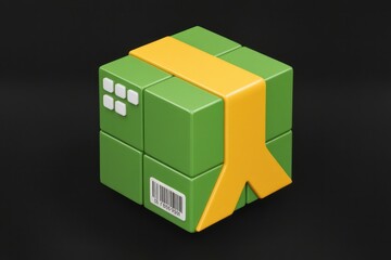Obraz premium A green cube with a yellow ribbon, barcode, and grid symbol represents a package or delivery.