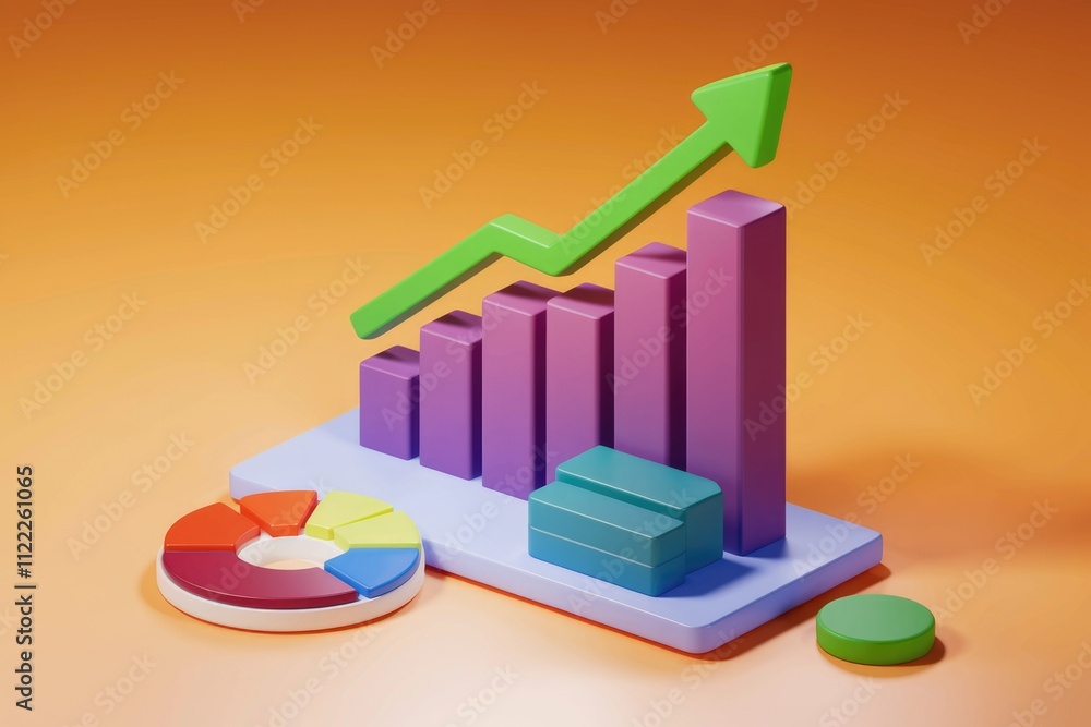 Poster Upward trending bar graph and pie chart showcase growth and data analysis.