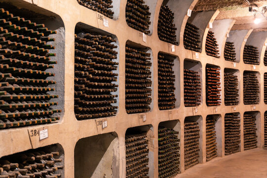Cricova, Moldova - October 12, 2024: Many bottles of wine are stored on a shelf in the wine cellar at the wine production in Moldova