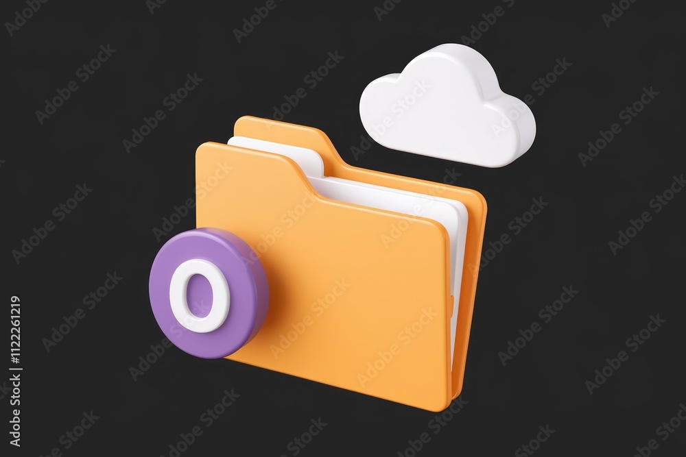 Fototapete 3d render of an orange folder with a cloud and a purple circle with a white letter o, symbolizing cl