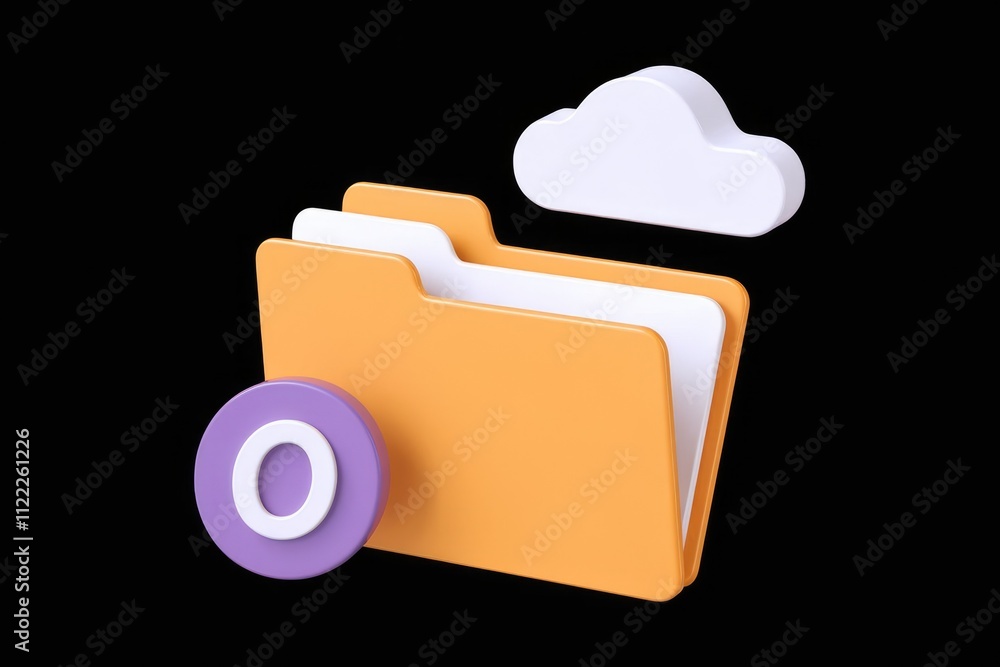 Fototapete 3D render of a folder with cloud storage and a circular icon, representing data storage and cloud computing.