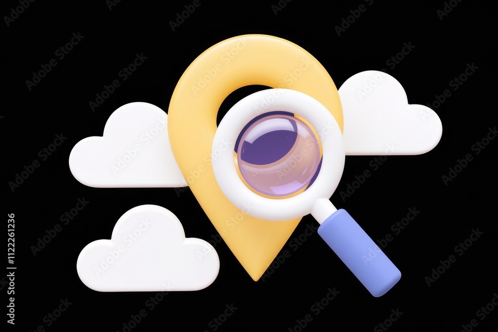Poster A 3D rendering of a magnifying glass over a location pin, symbolizing local search and discovery.