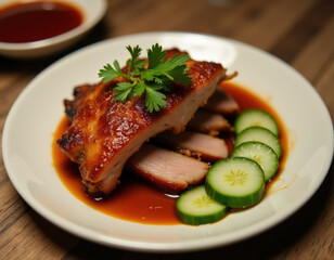 A beautifully arranged dish featuring crispy duck, accompanied by hoisin sauce, cucumber, and leek strips.