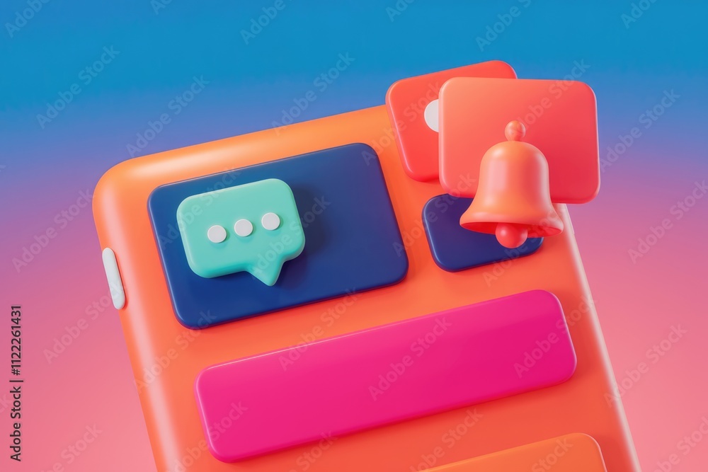 Aufkleber 3D render of a smartphone displaying notification icons: message bubble and bell, signifying new messages and alerts.