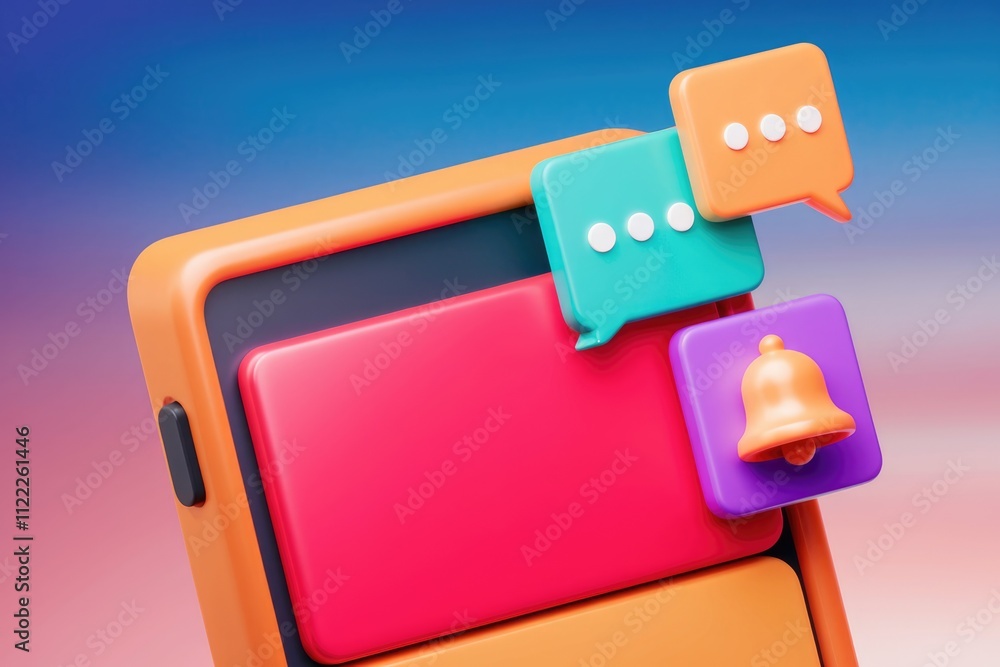 Poster colorful 3d illustration of mobile app interface with chat bubbles and notification bell.