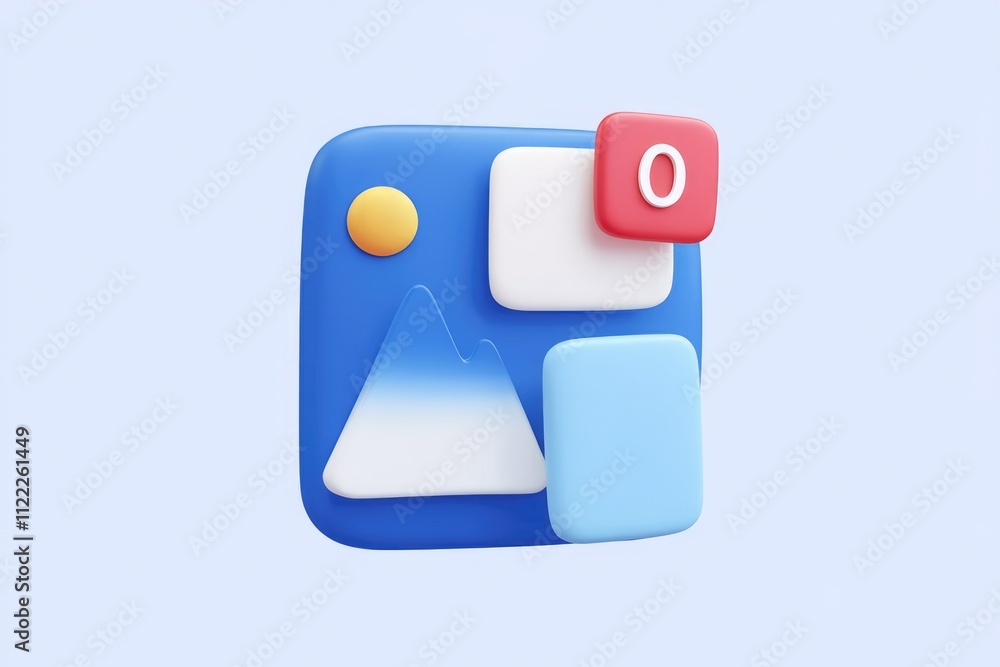Poster A 3D rendered image of a blue photo gallery icon with zero notifications.