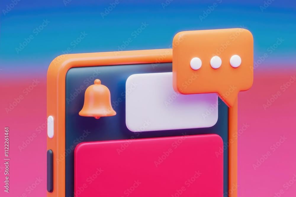 Poster 3D render of a smartphone with notification bell and chat bubble, indicating new messages.