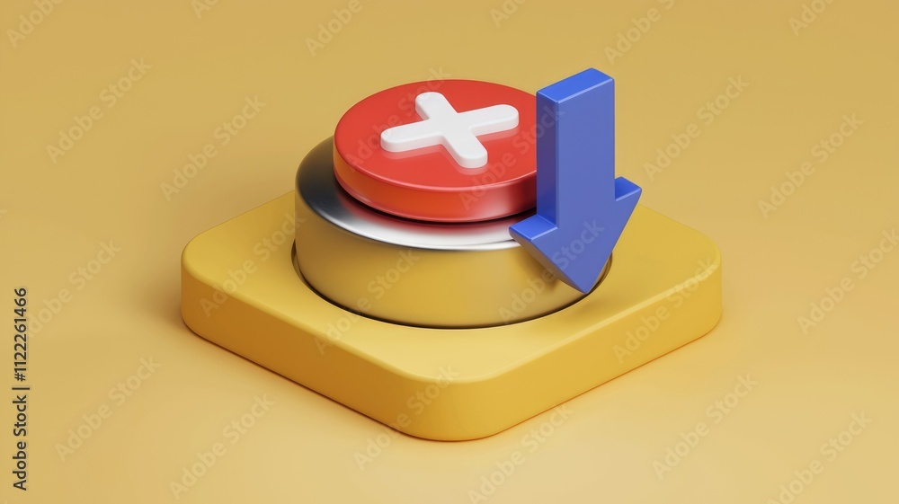 Poster 3D rendering of a button with a cross and a downward arrow, symbolizing deletion or download.