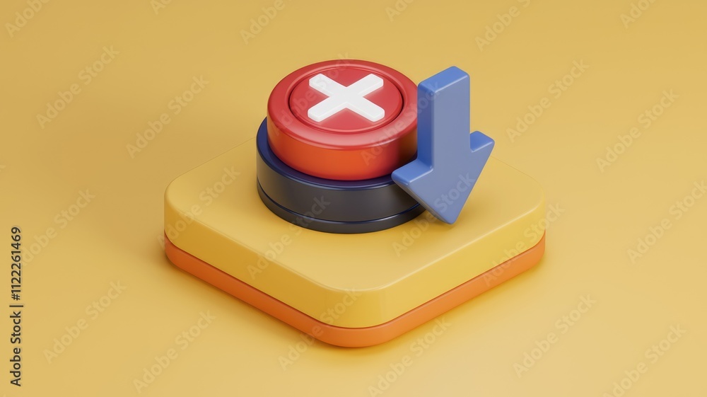 Poster 3D render of a red button with a cross, a downward arrow suggesting rejection or deletion.