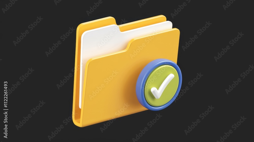 Poster 3D rendering of a yellow folder icon with a green checkmark, signifying file completion or approval.
