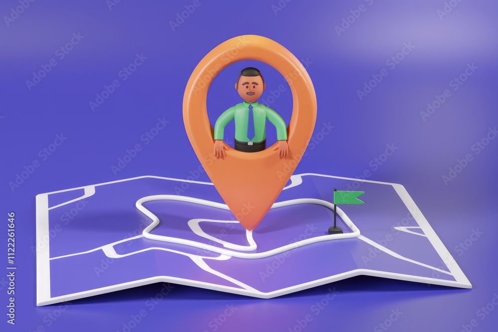 Poster a 3d cartoon businessman stands inside a location marker on a map, indicating a destination or locat