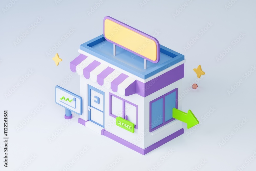 Poster a 3d model of a closed shop with a sign indicating business closure.
