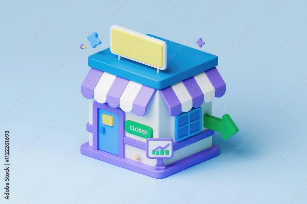 Poster a 3d model of a closed shop with a growth graph, signifying potential future success.