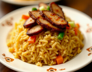 A close-up of flavorful Asian-style fried rice garnished with grilled pork slices and fresh vegetables, styled on a decorative white plate