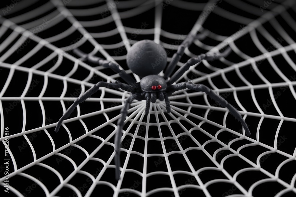 Poster a black spider with red eyes sits in the center of a meticulously crafted white spiderweb against a 