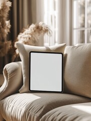 Modern Living Space with iPad Stand, Cream Couch, and Neutral Colors