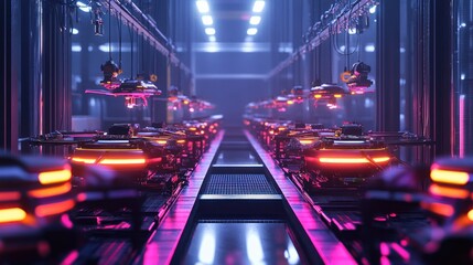 Futuristic factory assembly line with glowing vehicles under neon lights.