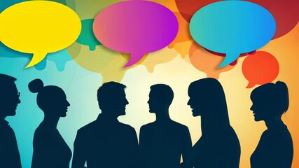 A modern and diverse group of people communicating through speech bubbles, promoting dialogue and understanding.