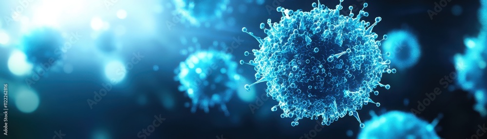 Poster abstract representation of a virus, showcasing intricate details and vibrant colors in a microscopic