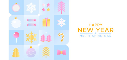 Minimalistic New Year banner with gradient fir trees, snowflake, candy and toys on blue background. Greeting background for the New Year and Christmas.