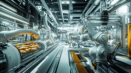 Automated factory interior with robotic arms and conveyor belts processing food products.