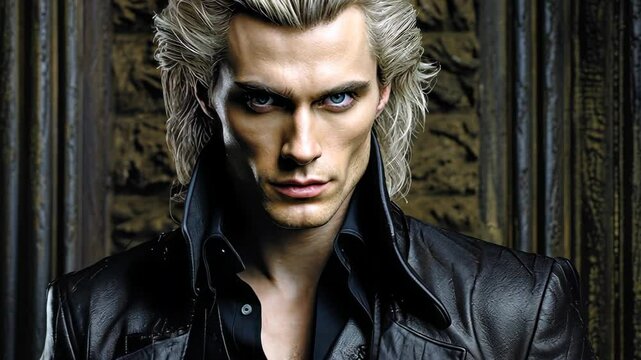 Slide   Intimidating White Haired Vampire Aristocrat in Sable Armor Wielding Fearsome Glaive
