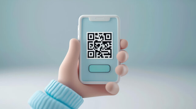 A cartoon hand scans a QR code on a smartphone, illustrating digital payments and seamless money transfers in action. - Powered by Adobe