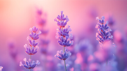 Obraz premium Closeup of pretty lavender sprigs against a pink pastel background