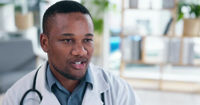 Black man, doctor and video call for telehealth, hospital and discussion for symptoms and healthcare. Consultation, medical professional and appointment for diagnosis, person and talking in clinic