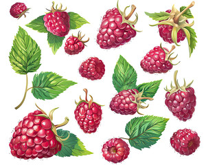 Fresh Raspberries with Green Leaves: Set of Berries Isolated on White Background.  Illustration