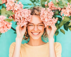 Smiling woman holding pink flowers against a vibrant turquoise backdrop in a sunny garden